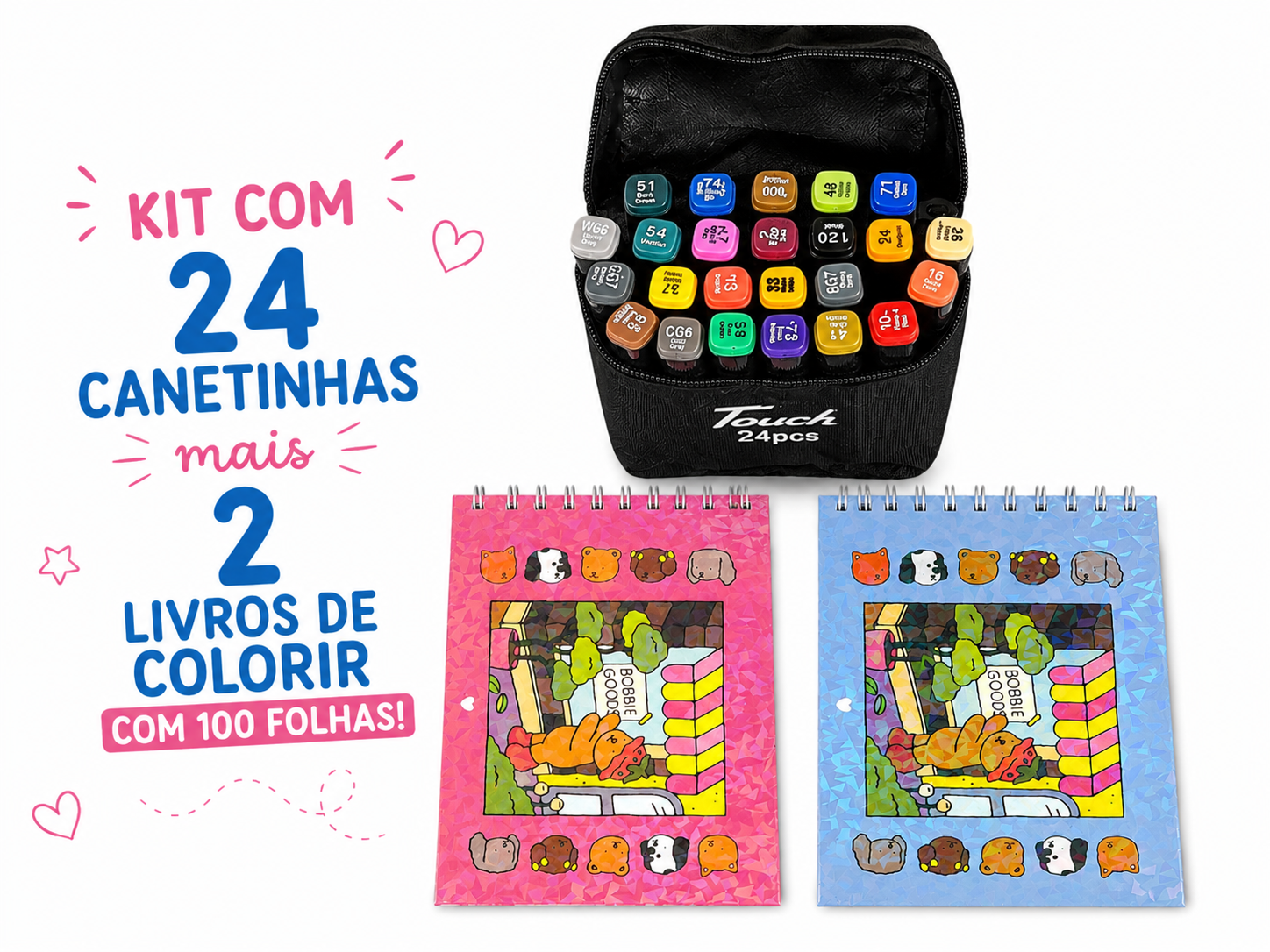 Kit com 24 canetinhas e 2 caderninhos Bobbie Goods